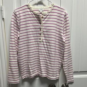 J. Crew Women’s  Long Sleeve Henley - Pink and Cream Stripes
